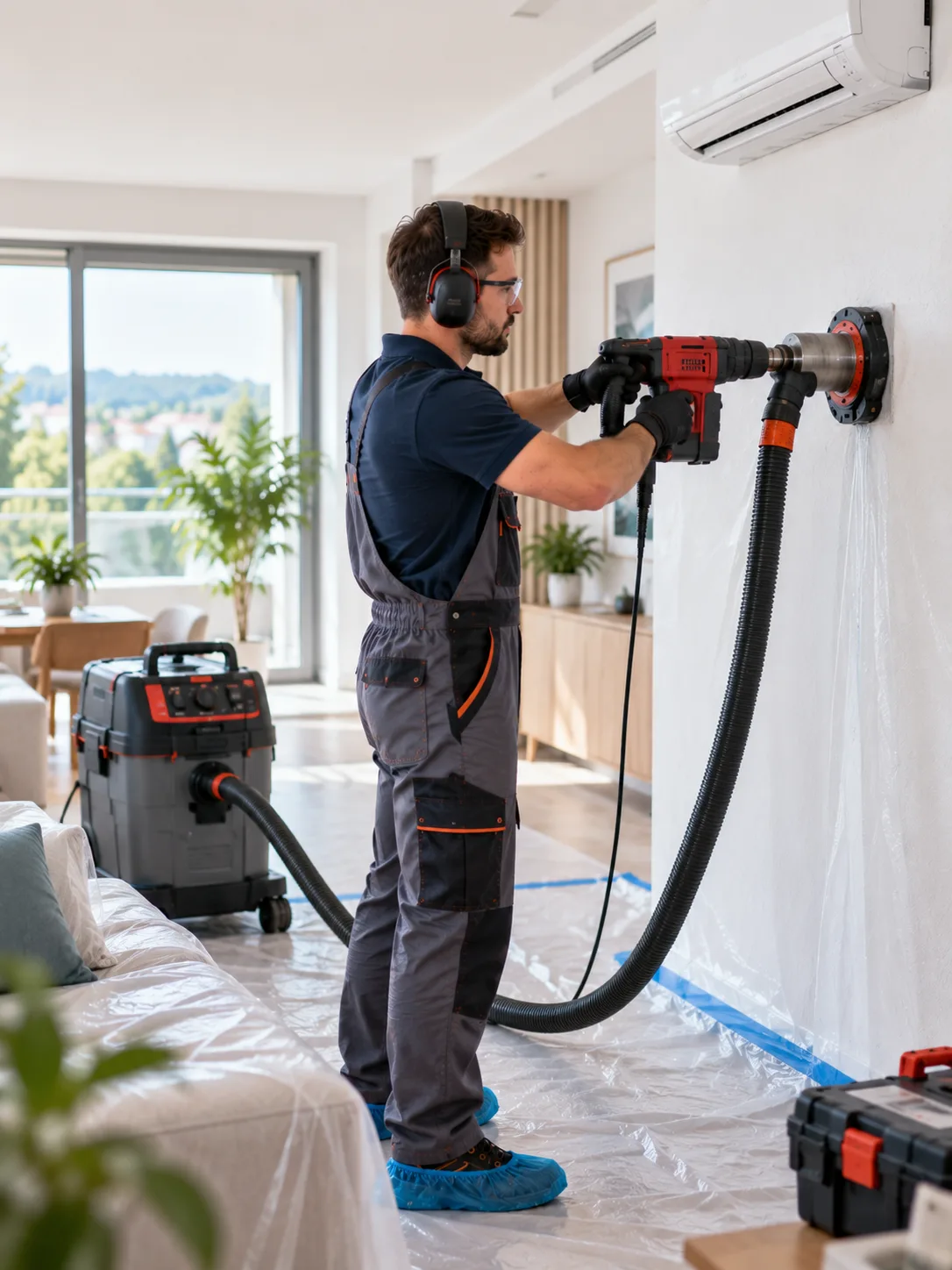 Pormentes klímaszerelés faláttöréssel és közvetlen ipari porelszívással